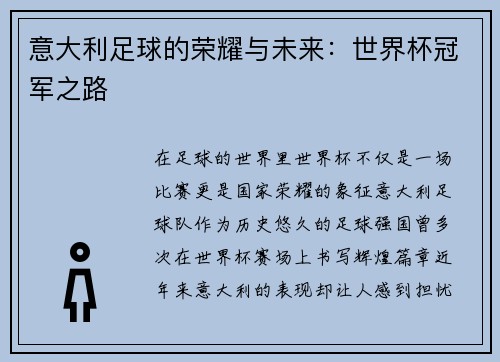 意大利足球的荣耀与未来：世界杯冠军之路